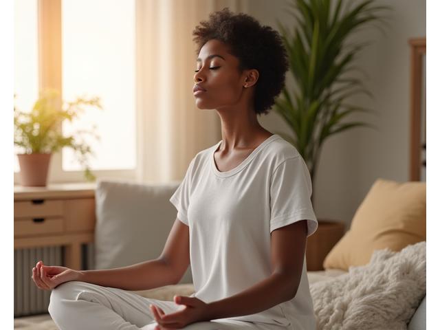 A serene person in a calm setting practicing guided meditation