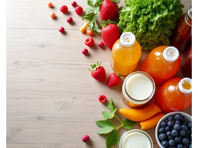 A colorful assortment of probiotic-rich foods such as kombucha, yogurt, and fresh fruits