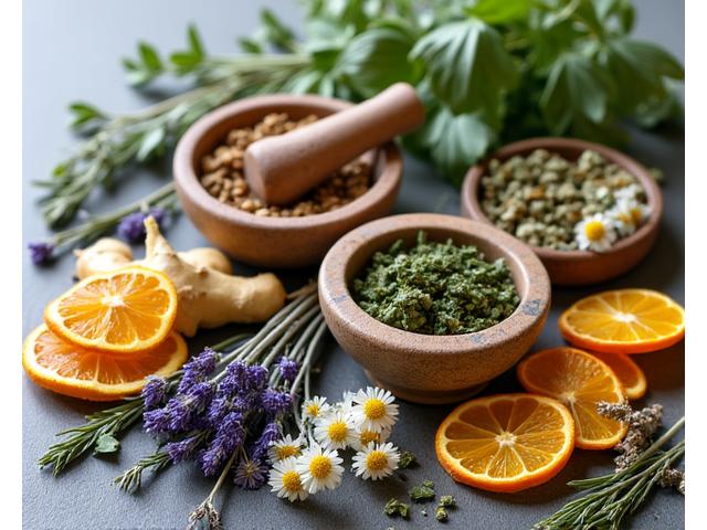 Various dried herbs and natural ingredients for herbal remedies