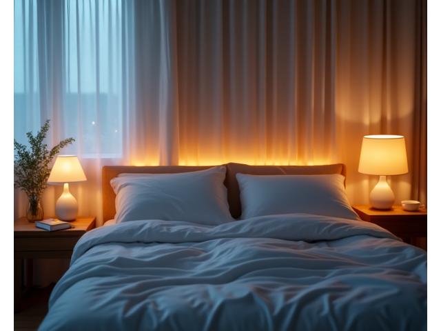 A cozy, peaceful bedroom scene with soft lighting, suggesting good sleep