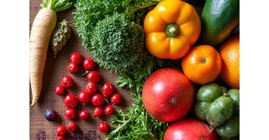 Vibrant assortment of fresh fruits and vegetables on a wooden cutting board