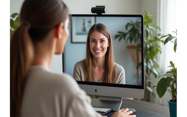 Woman happily talking to a coach on a video call, smiling and engaged.