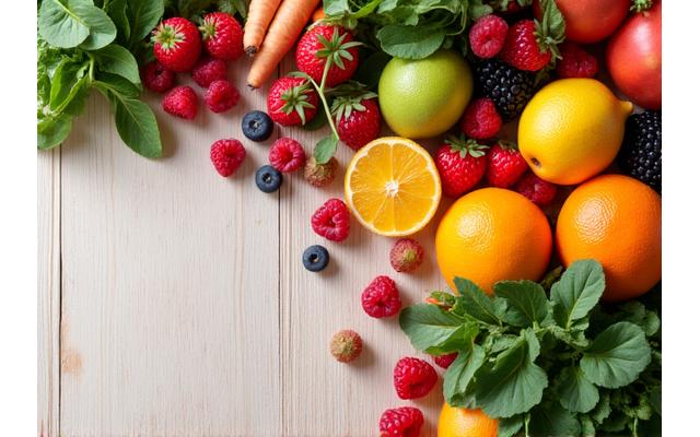 Fresh, colorful fruits and vegetables artfully arranged on a wooden table, symbolizing healthy eating.