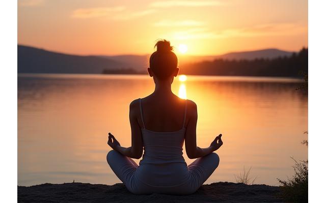 Person meditating peacefully by a calm body of water at sunset, signifying tranquility and stress relief.