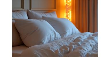 Cozy bedroom with soft lighting and a comfortable, inviting bed, symbolizing restful sleep