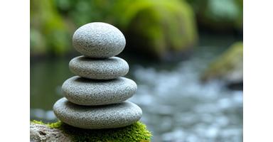 Zen stones stacked peacefully by a calming stream, symbolizing balance