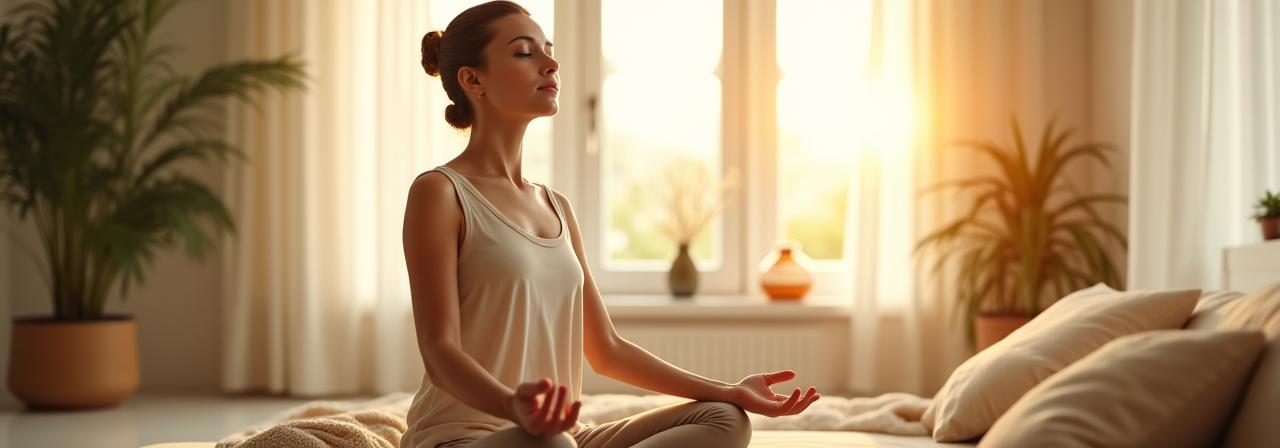 Woman meditating calmly by a window, warm light, peaceful atmosphere