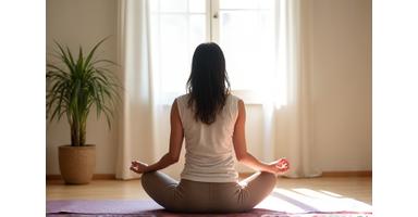 Person in a gentle yoga pose on a mat in a bright, tranquil studio, serene atmosphere